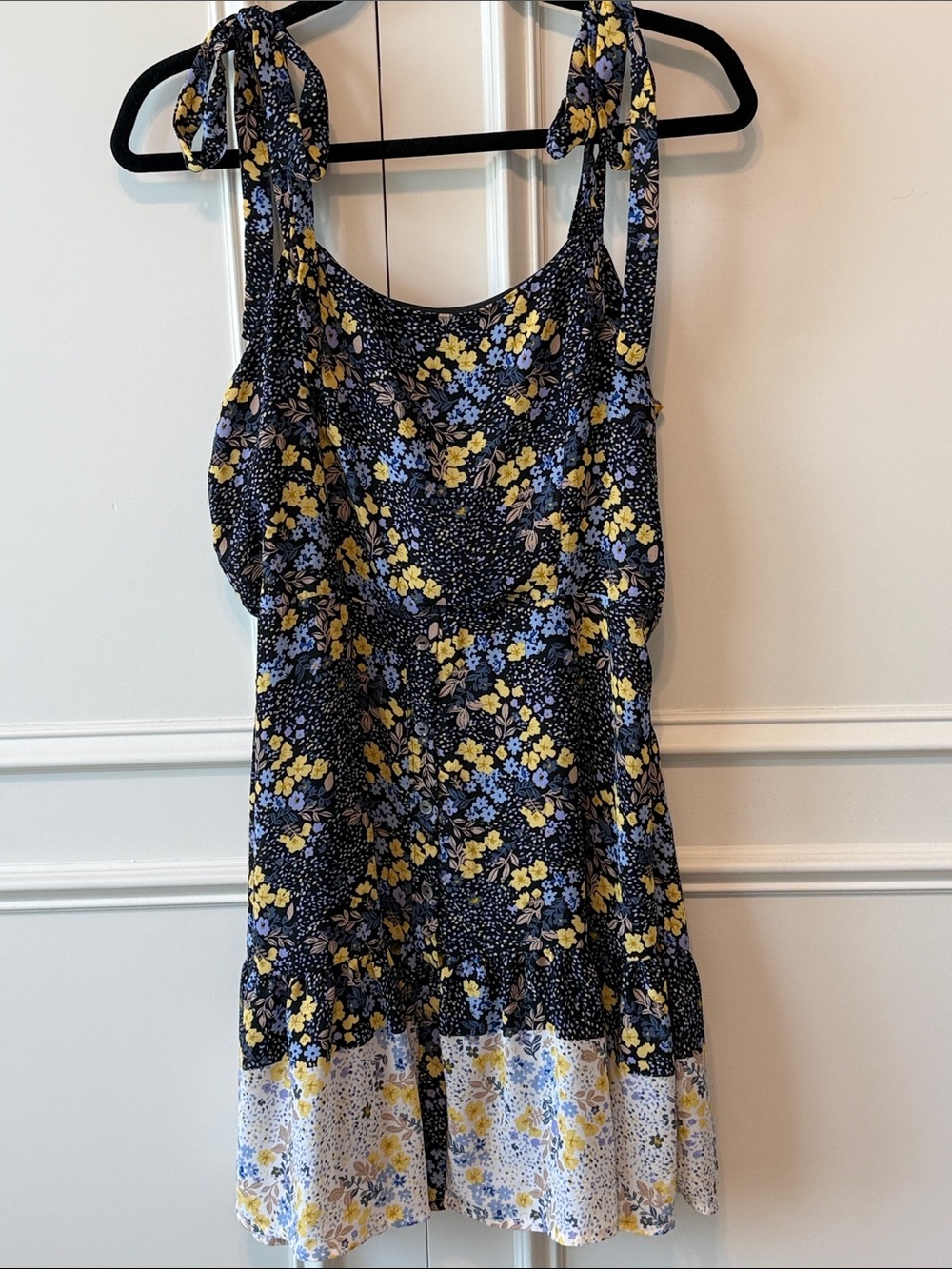 Floral Tie-Shoulder Sundress Top in Navy with Yellow & Light Blue Flowers